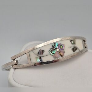 Vintage Alpaca Mexico Abalone & Mother-of-Pearl Flower Cuff Bracelet White